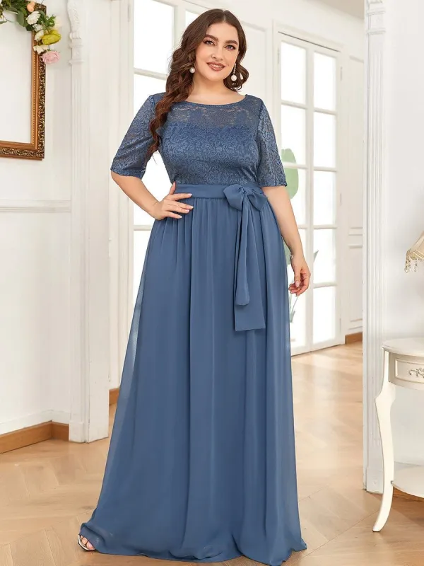 Floral Lace Plus Size Long Formal Dresses With Waistband sold by Ever Pretty
