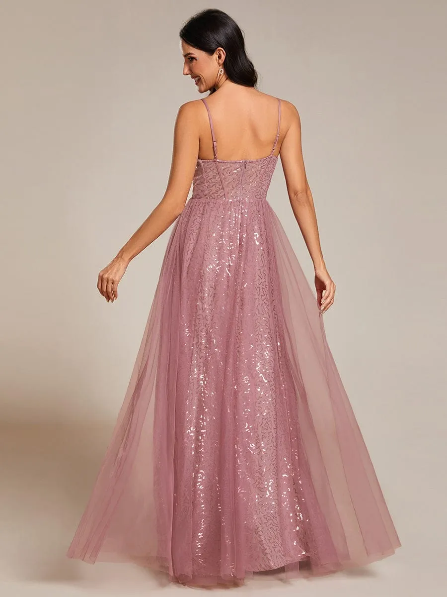 Spaghetti Straps Illusion Sleeveless A-Line Sequin Evening Dress with Tulle Cover sold by Ever Pretty product image thumbnail 2
