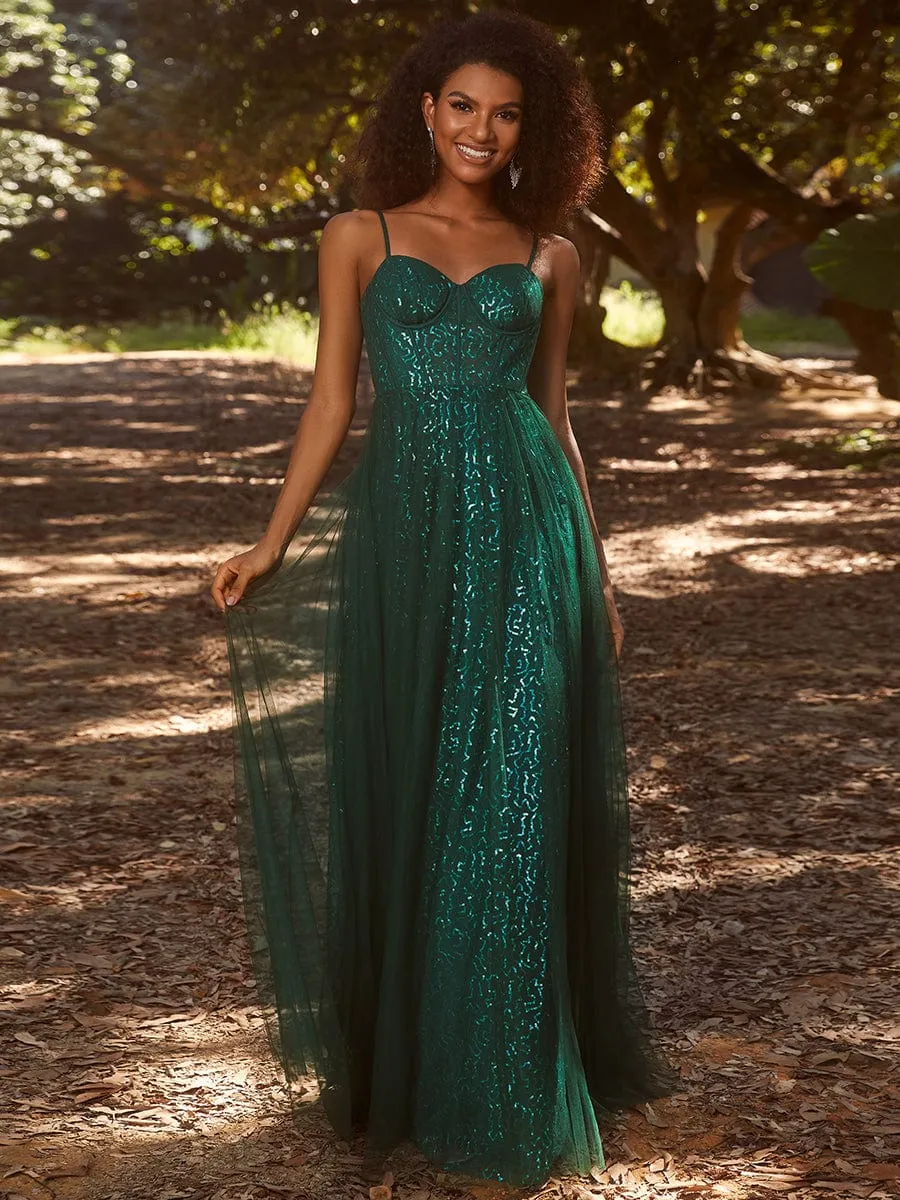Spaghetti Straps Illusion Sleeveless A-Line Sequin Evening Dress with Tulle Cover sold by Ever Pretty product image thumbnail 3