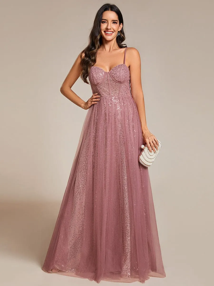 Spaghetti Straps Illusion Sleeveless A-Line Sequin Evening Dress with Tulle Cover sold by Ever Pretty
