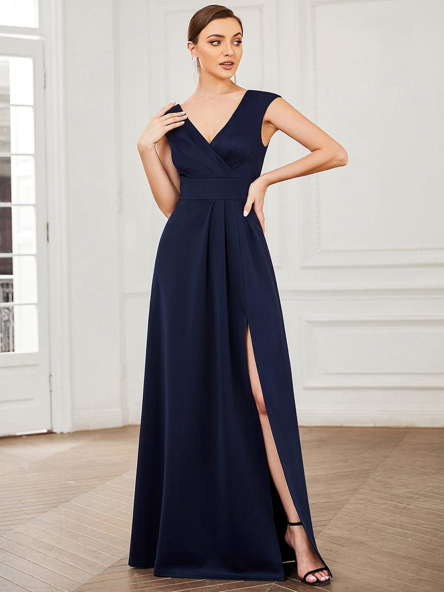 Double V-Neck Pleated Sleeveless Slit Evening Dress sold by Ever Pretty