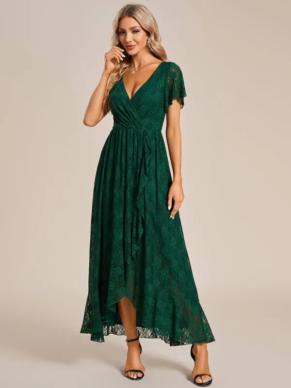 ever ELISE|Pleated V-Neck Short Sleeve Ruffled Lace Wedding Guest Dress sold by Ever Pretty