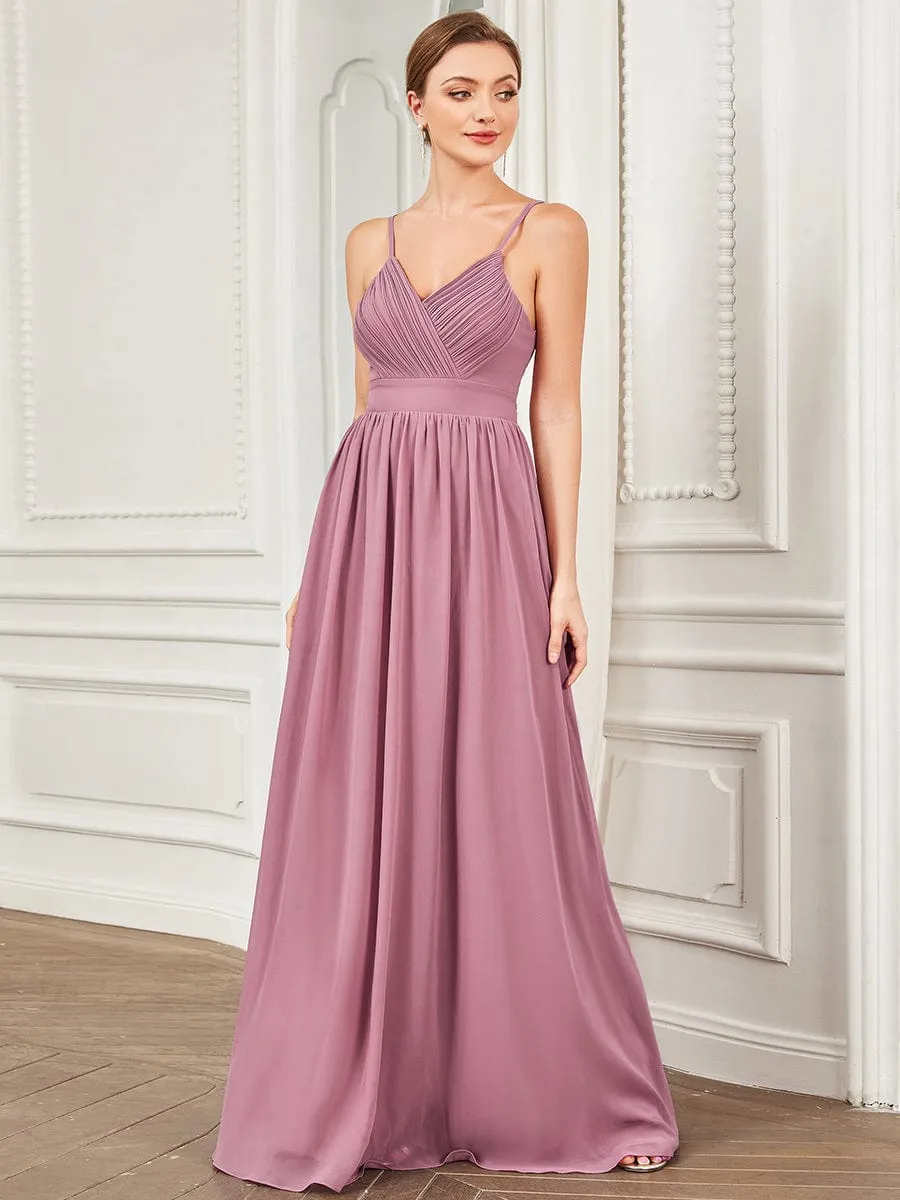 Chiffon Spaghetti Strap V-Neck Pleated A-Line Bridesmaid Dress sold by Ever Pretty