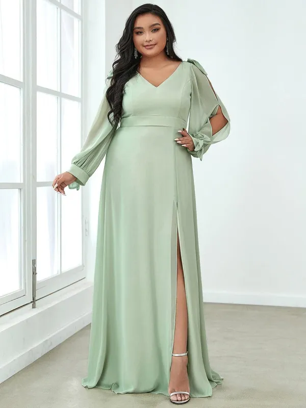 Plus Size Double V-Neck High Slit Long Sleeve Formal Dresses sold by Ever Pretty