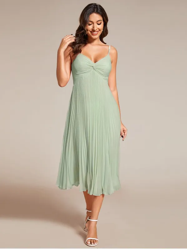 Midi Tiered Pleated V-Neck Wedding Guest Dress Featuring Spaghetti Straps sold by Ever Pretty