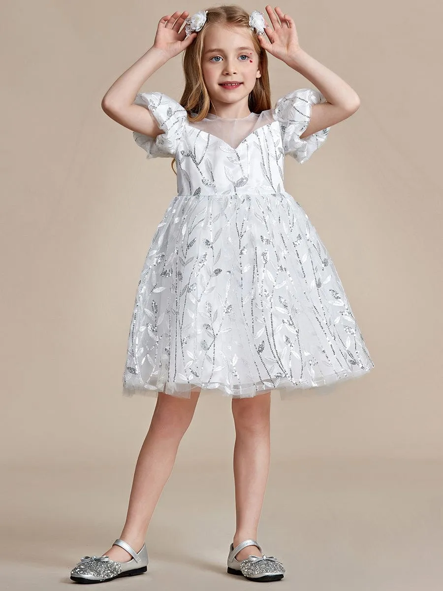 FLORRIE|Sparkling Puffy Sleeves Leaf Sequin A-line Flower Girl Dress sold by Ever Pretty