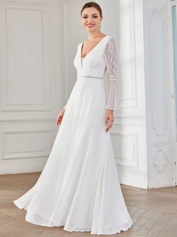 Bell Sleeve Chevron Lace V-Neck A-Line Wedding Dress sold by Ever Pretty