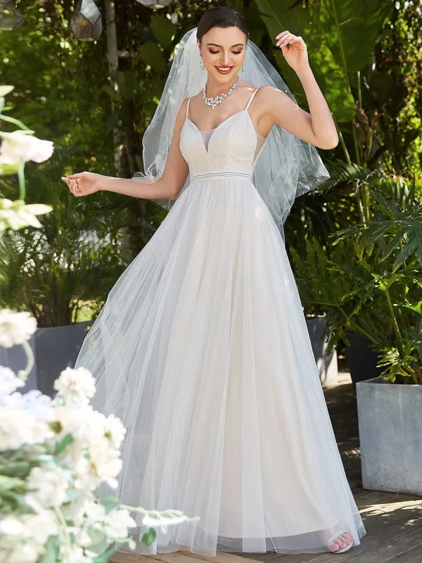Lace V-Neck Spaghetti Strap Empire Waist Tulle  Wedding Dress sold by Ever Pretty