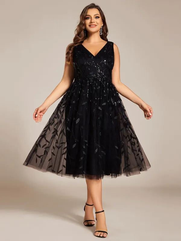 pretty ROUX|Plus Size Sleeveless Leaf Sequin A-Line Midi Wedding Guest Dress sold by Ever Pretty