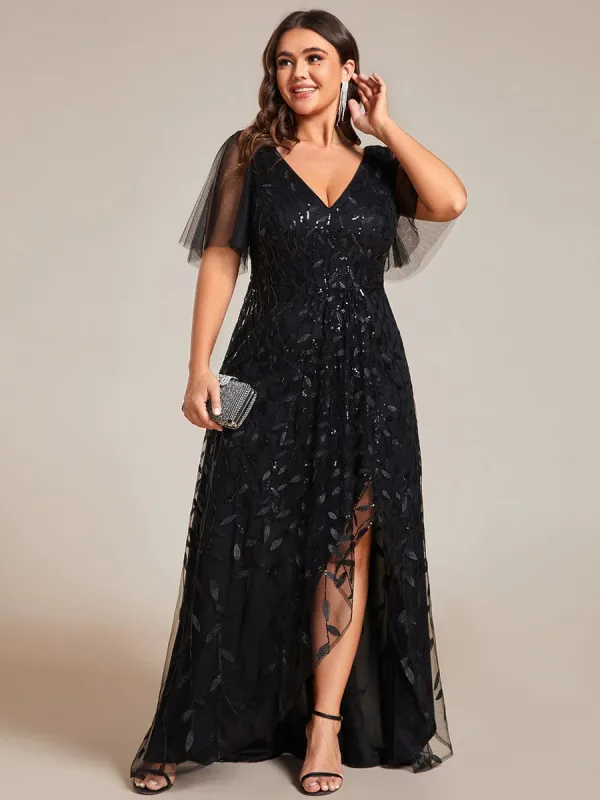 pretty ALIX|Plus Size Short Sleeves Sequin High Low V-Neck Midi Formal Evening Dress sold by Ever Pretty