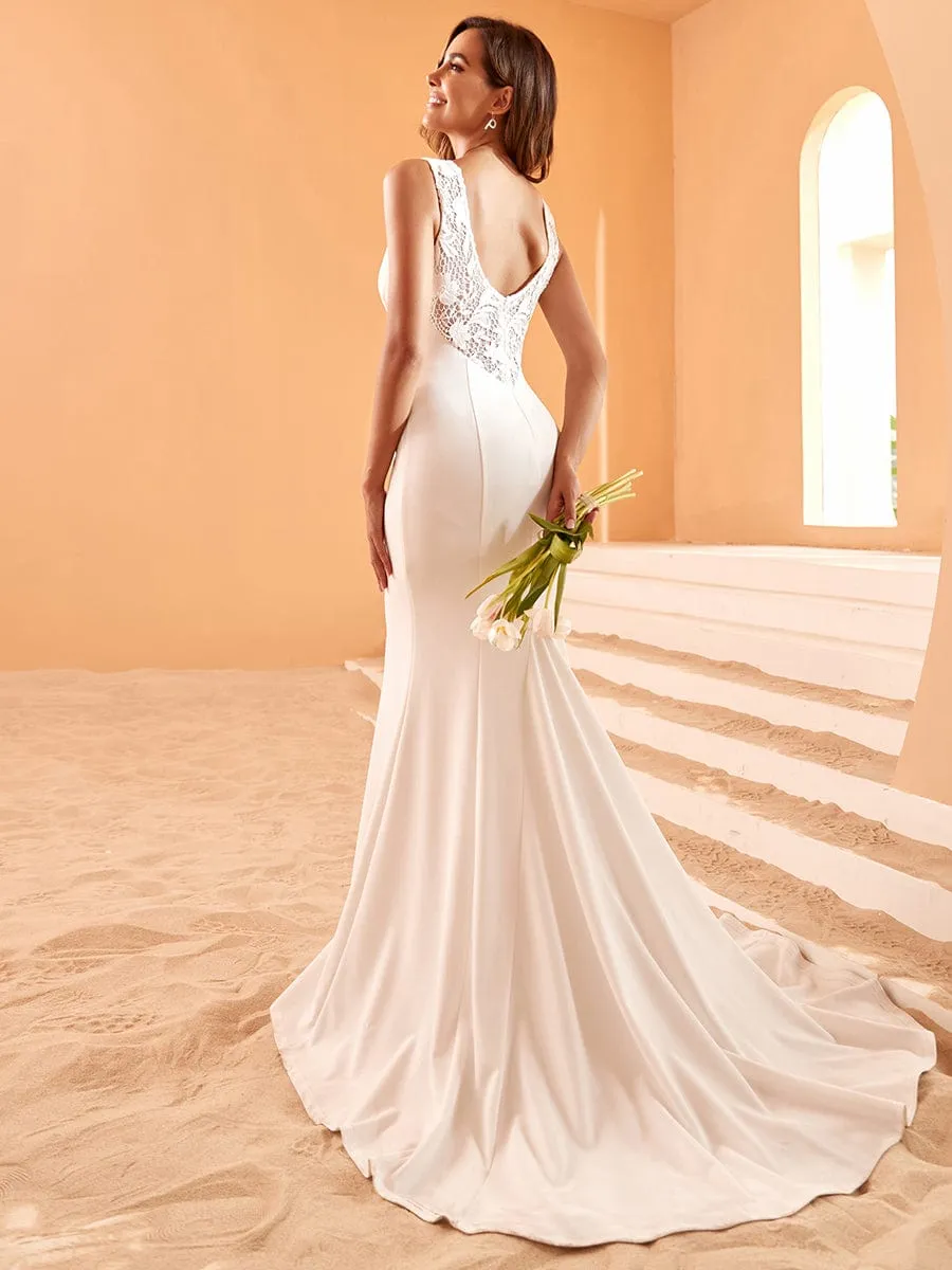 Embroidery Backless Mermaid Sleeveless Deep V-Neck Wedding Dress sold by Ever Pretty