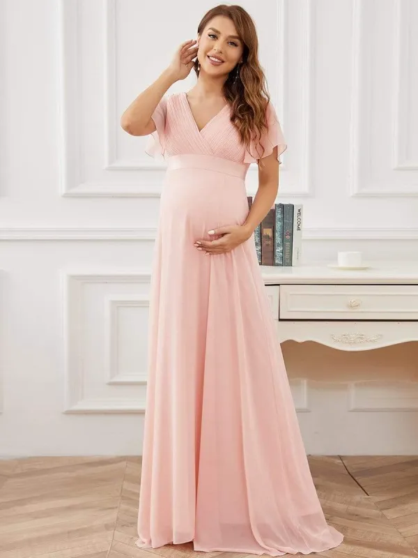 Ruched Bodice Flowy Chiffon Floor-Length Maternity Dress with Sleeves sold by Ever Pretty