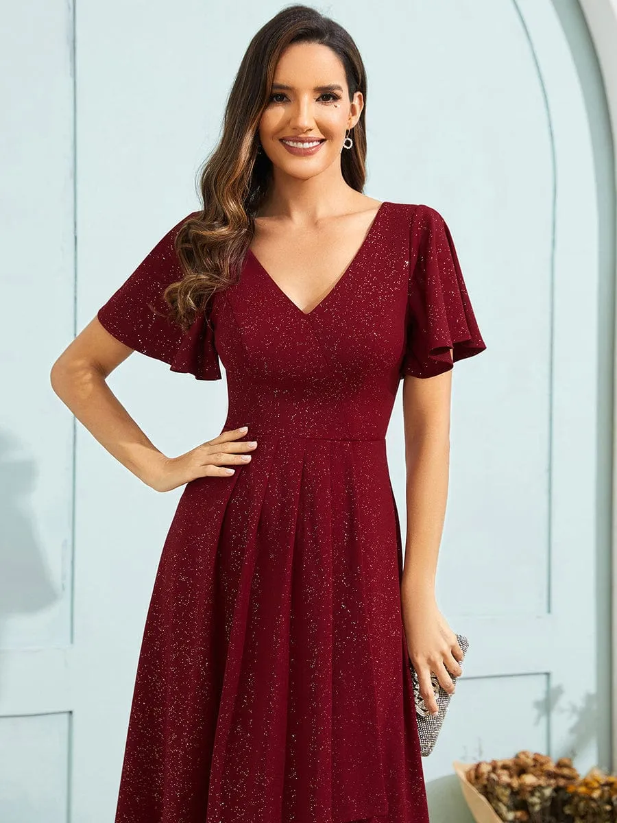 Glow Lana | Sparkling V-Neck High-Low Wedding Guest Dress with Ruffled Sleeves sold by Ever Pretty product image thumbnail 3