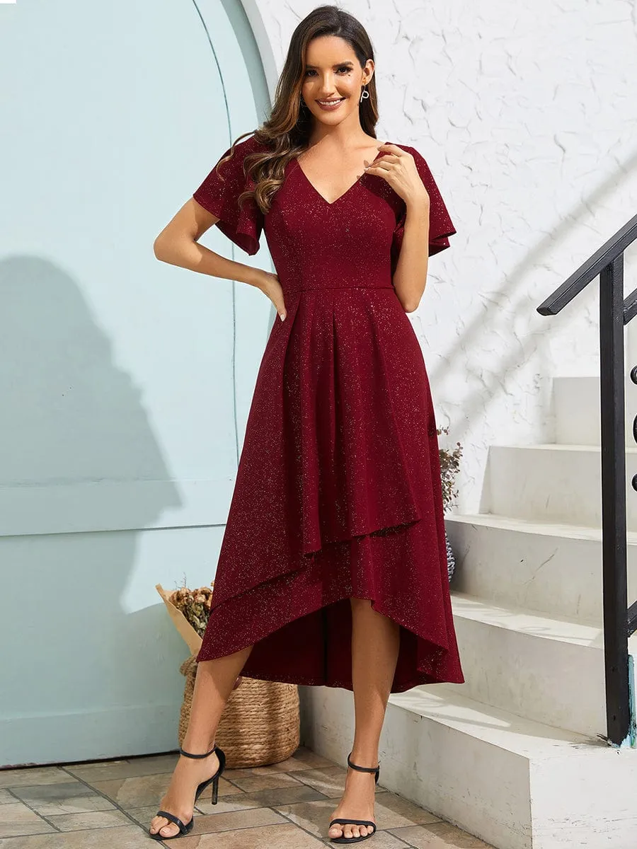 Glow Lana | Sparkling V-Neck High-Low Wedding Guest Dress with Ruffled Sleeves sold by Ever Pretty product image thumbnail 4