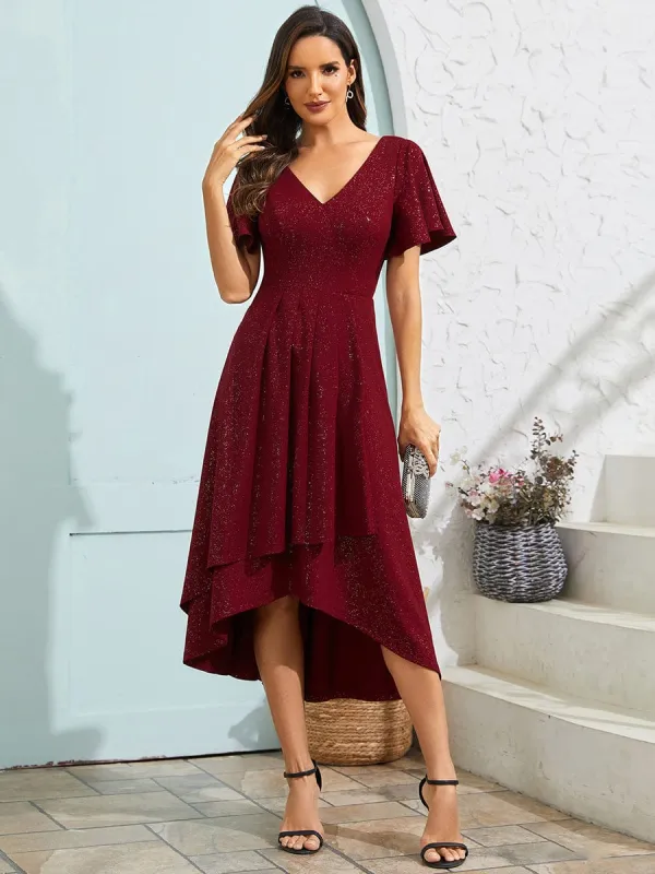 Glow Lana | Sparkling V-Neck High-Low Wedding Guest Dress with Ruffled Sleeves sold by Ever Pretty