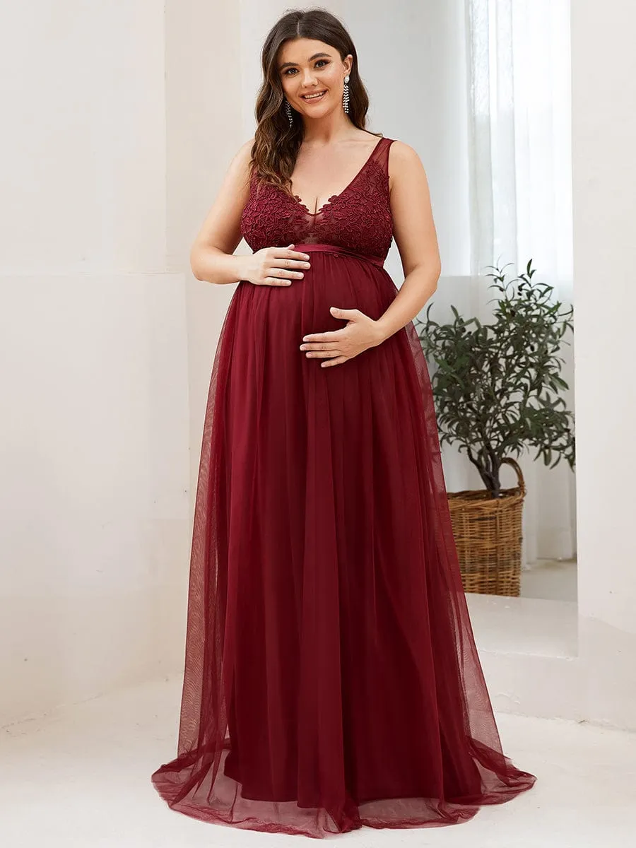 Plus Size Double V-Neck Lace Bodice Long Flowy Maternity Dress sold by Ever Pretty