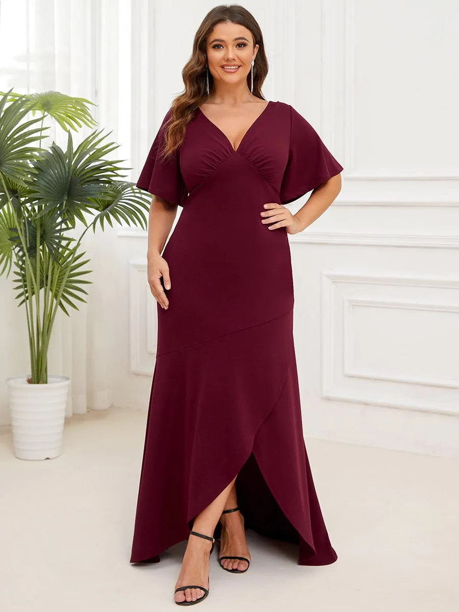 Plus Size V-Neck Pleated Short Sleeve Ruffled Front Slit Evening Dress sold by Ever Pretty