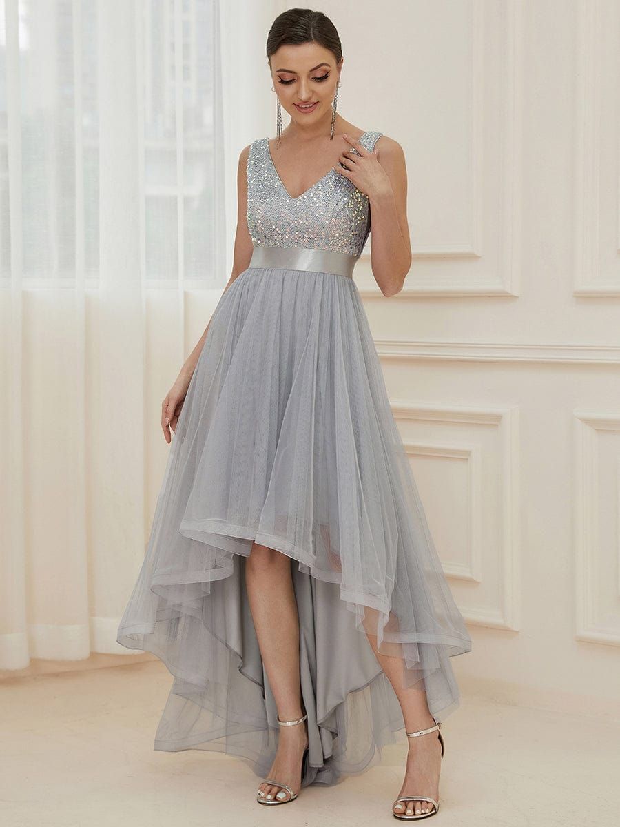 Sleeveless Sequin Ribbon Waist Tulle High Low Evening Dress sold by Ever Pretty