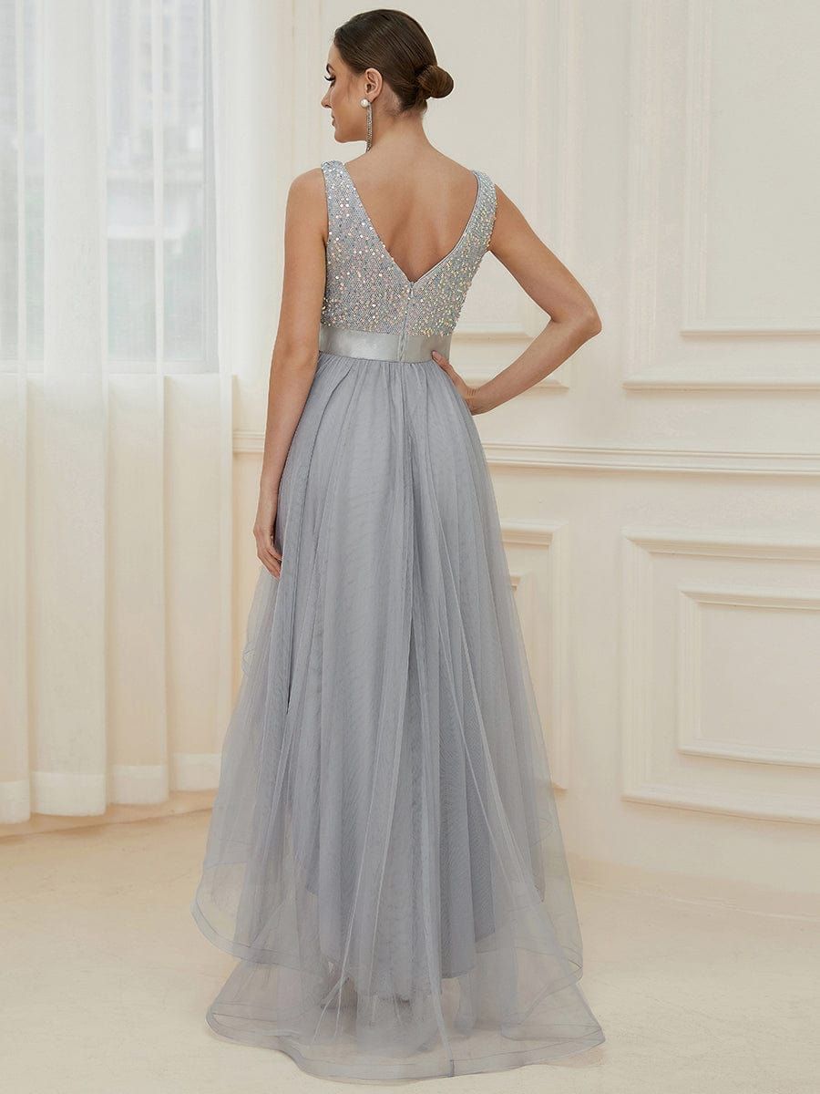 Sleeveless Sequin Ribbon Waist Tulle High Low Evening Dress sold by Ever Pretty product image thumbnail 2