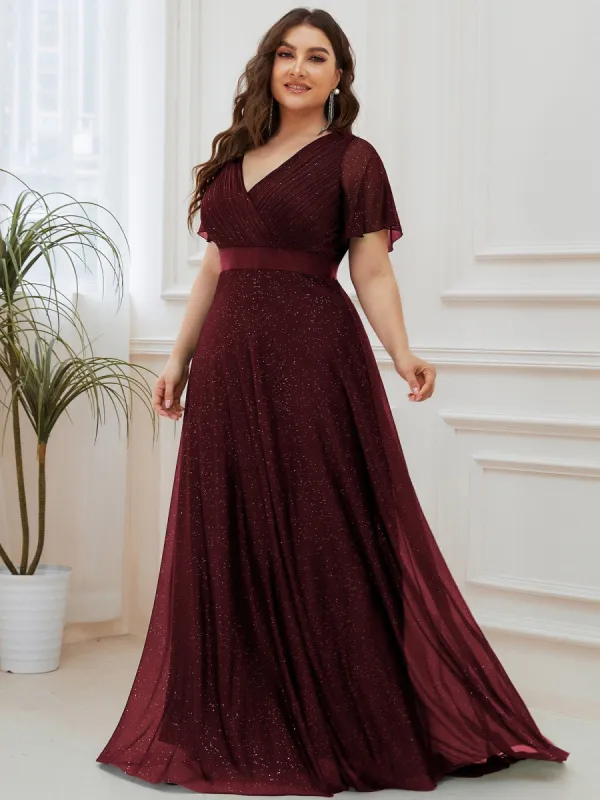Pretty LIORÉ|Plus Size V Neck Ribbon Waist Formal Evening Dress With Sleeves sold by Ever Pretty