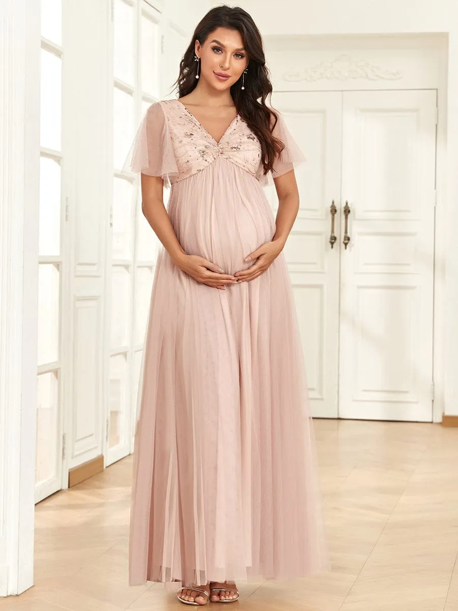Short Sleeve V-Neck Sequin Tulle A-Line Maternity Dress sold by Ever Pretty product image thumbnail 5