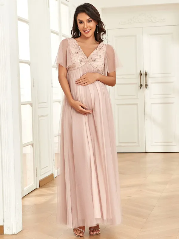 Short Sleeve V-Neck Sequin Tulle A-Line Maternity Dress sold by Ever Pretty