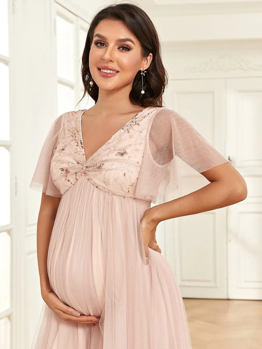 Short Sleeve V-Neck Sequin Tulle A-Line Maternity Dress sold by Ever Pretty product image thumbnail 3