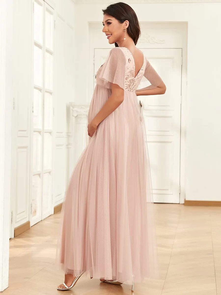 Short Sleeve V-Neck Sequin Tulle A-Line Maternity Dress sold by Ever Pretty product image thumbnail 2