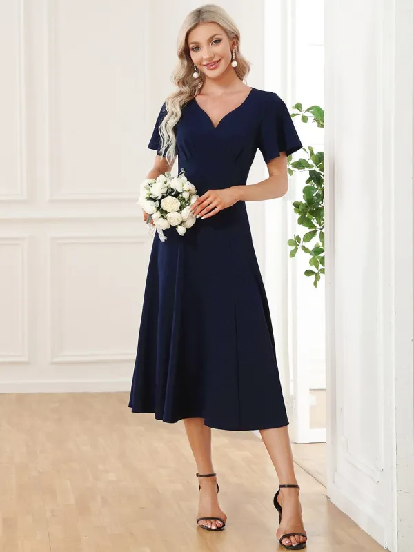 Short Flutter Sleeve V-Neck Midi Mother of the Bride Dress sold by Ever Pretty