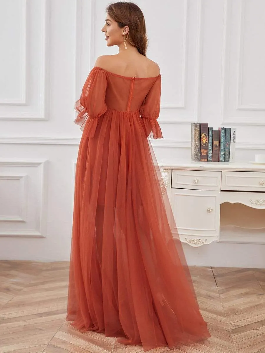 ever CELIA|Sheer Off-Shoulder Double Skirt Maxi Maternity Dress sold by Ever Pretty product image thumbnail 4