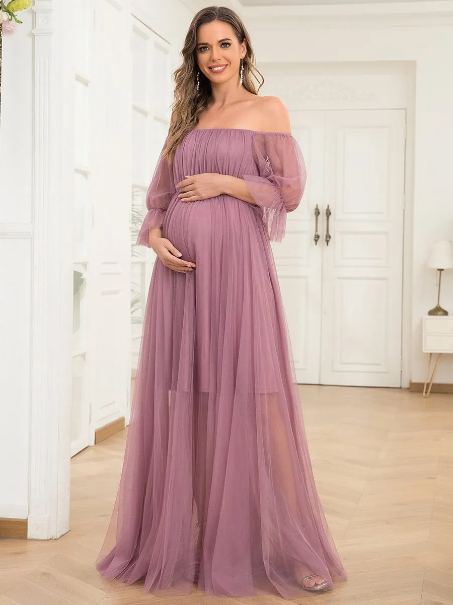 ever CELIA|Sheer Off-Shoulder Double Skirt Maxi Maternity Dress sold by Ever Pretty product image thumbnail 5