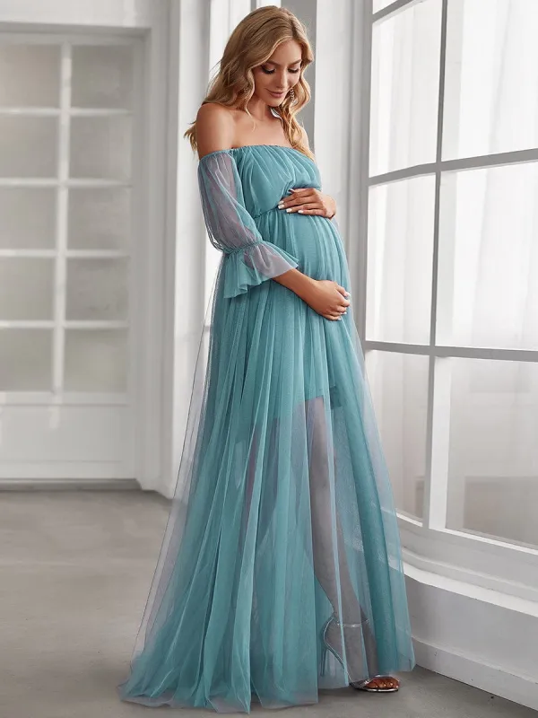 ever CELIA|Sheer Off-Shoulder Double Skirt Maxi Maternity Dress sold by Ever Pretty