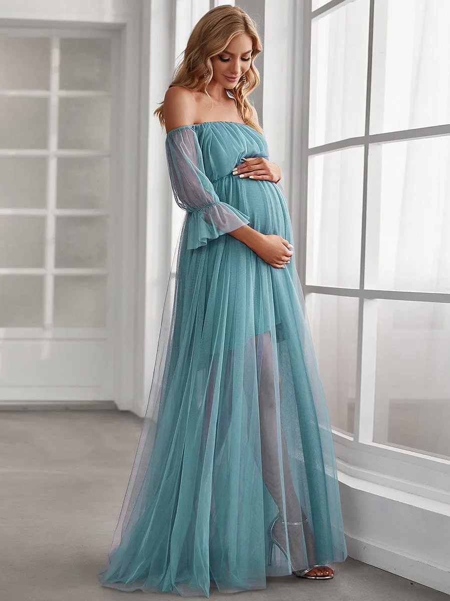 ever CELIA|Sheer Off-Shoulder Double Skirt Maxi Maternity Dress sold by Ever Pretty