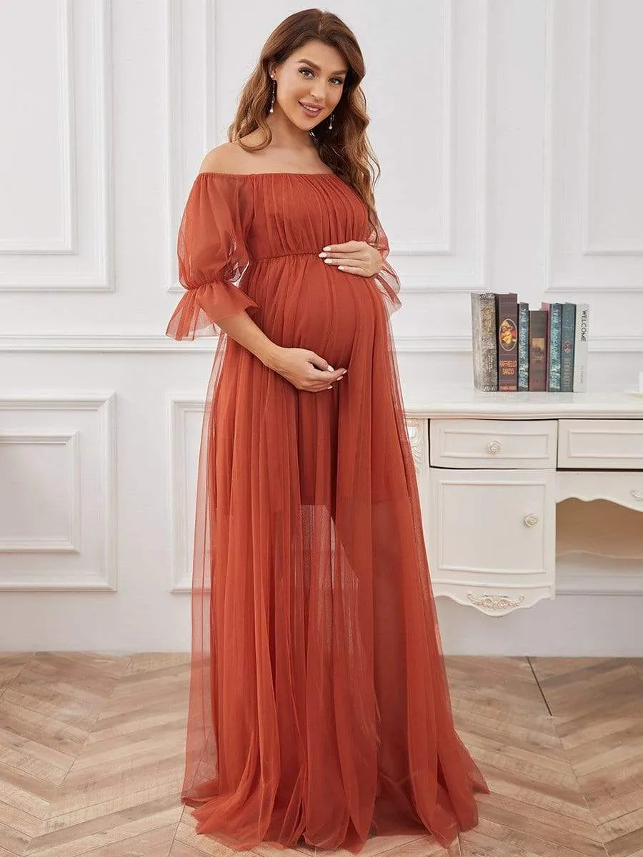 ever CELIA|Sheer Off-Shoulder Double Skirt Maxi Maternity Dress sold by Ever Pretty product image thumbnail 3