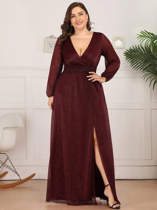 Plus Size V-Neck Shiny Puff Sleeve Evening Dress for Women sold by Ever Pretty