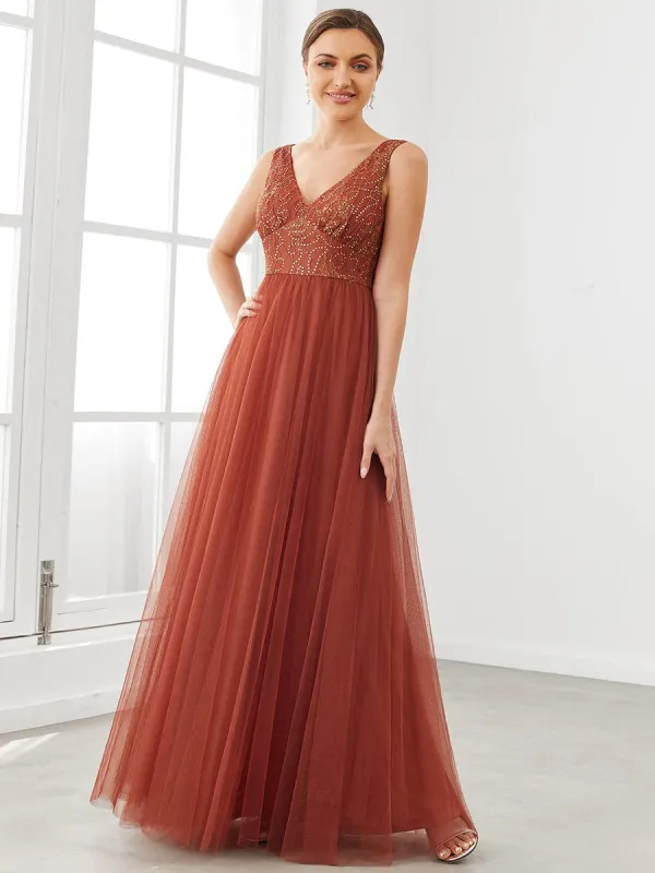 V-Neck Sleeveless A-Line Tulle Bridesmaid Dress sold by Ever Pretty