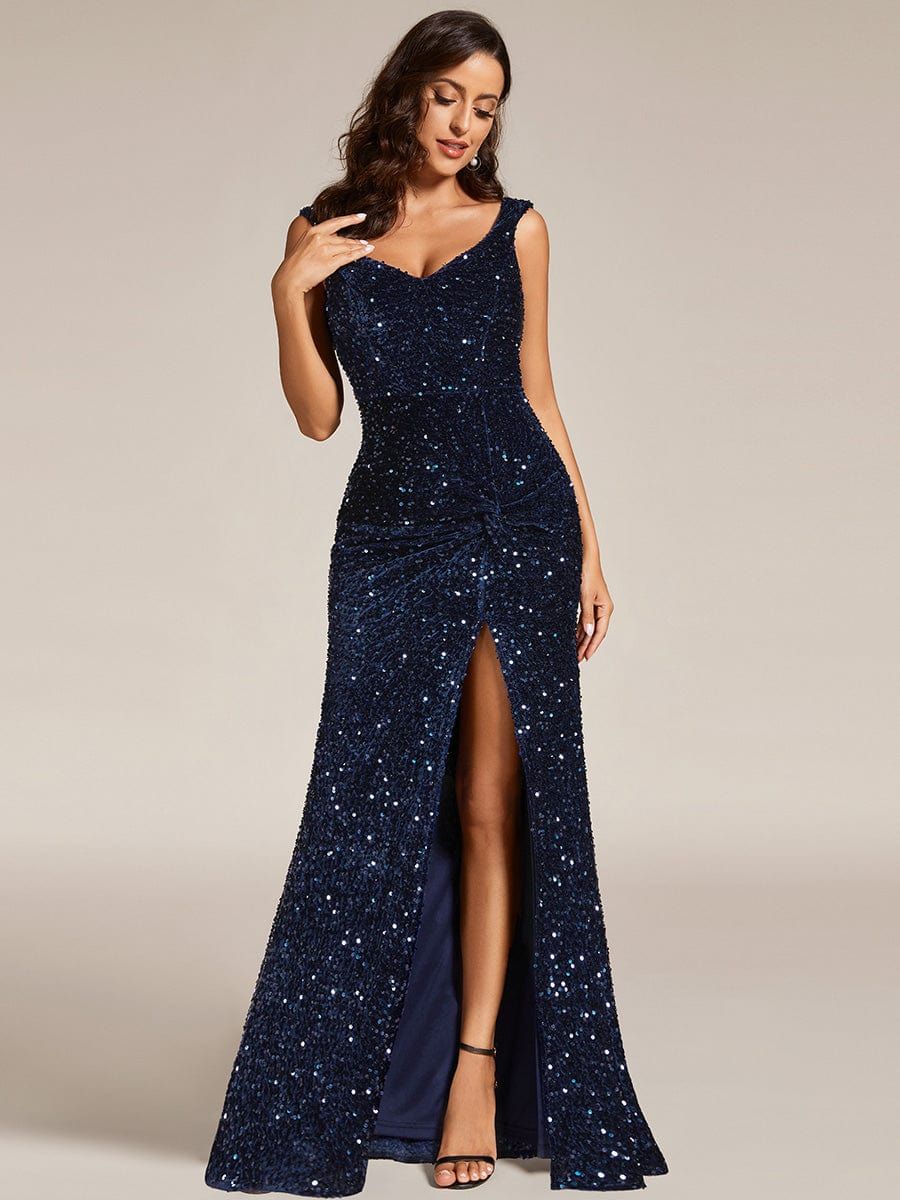 V-Neck Sleeveless High Front Slit Sequin Bodycon Evening Dress sold by Ever Pretty product image thumbnail 4