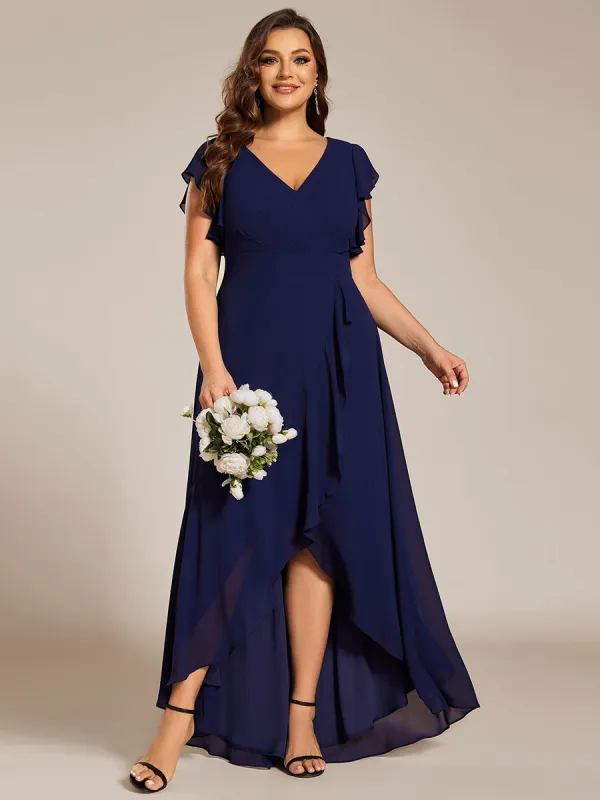 Celia | Plus Size A-Line Chiffon High-Low Bridesmaid Dress with Ruffled Sleeve sold by Ever Pretty