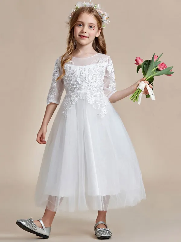 SOLORA|Flower Girl Dress in embroidered lace and tulle with mid-length sleeves sold by Ever Pretty