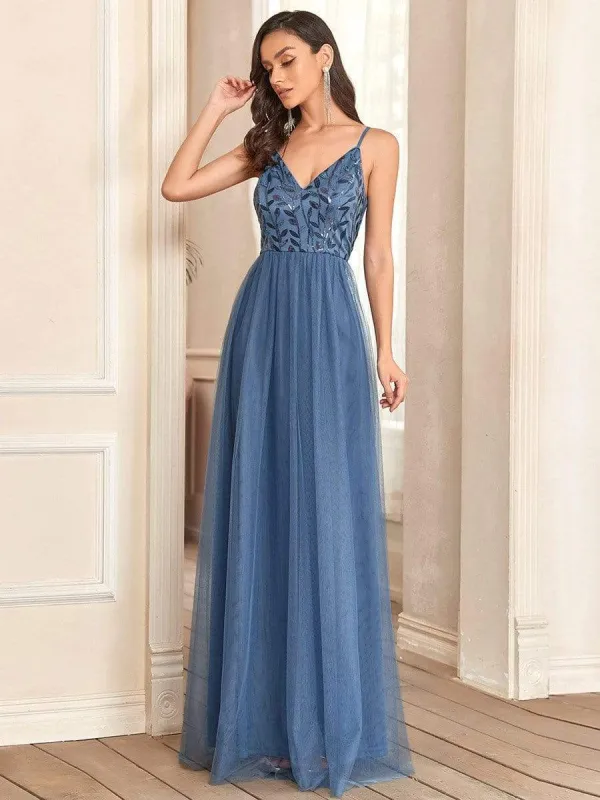 Soft Spaghetti Straps V-Neck Embroidery Evening Dress sold by Ever Pretty