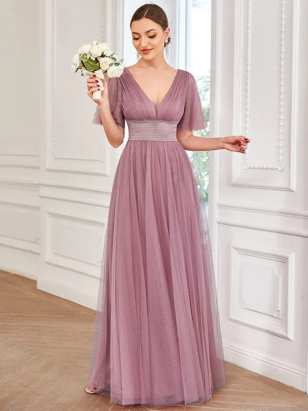 Pleated A-Line Short Sleeve Wide Waist Tulle Bridesmaid Dress sold by Ever Pretty