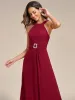 Halter Neck Pleated Chiffon Waist Buckle Decoration Maxi Evening Dress sold by Ever Pretty