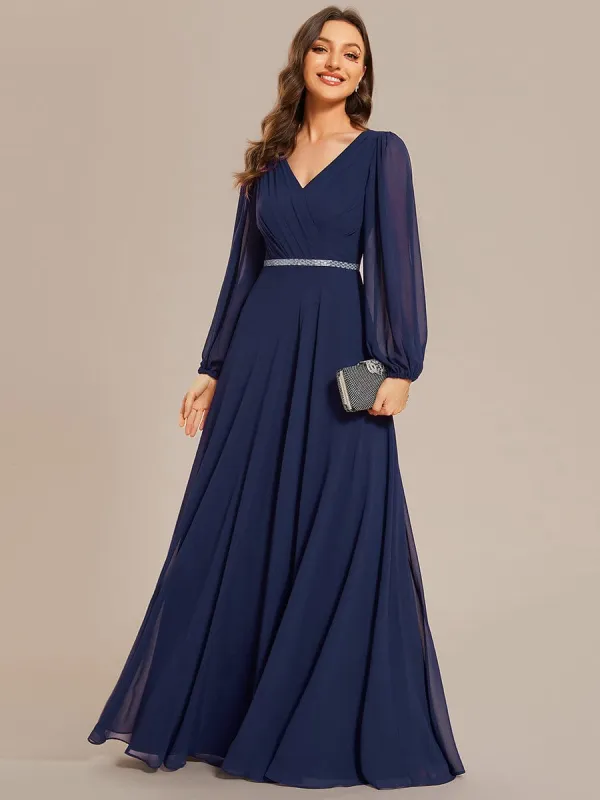ever ESMÉE|Pleated Double V-Neck Long Sleeves Shiny Belt Chiffon Evening Dress sold by Ever Pretty