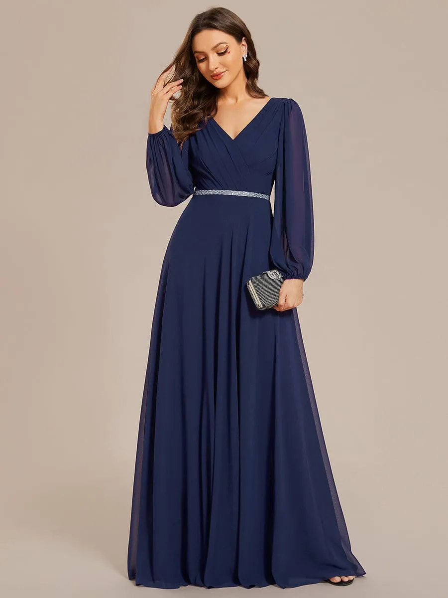 ever ESMÉE|Pleated Double V-Neck Long Sleeves Shiny Belt Chiffon Evening Dress sold by Ever Pretty product image thumbnail 4