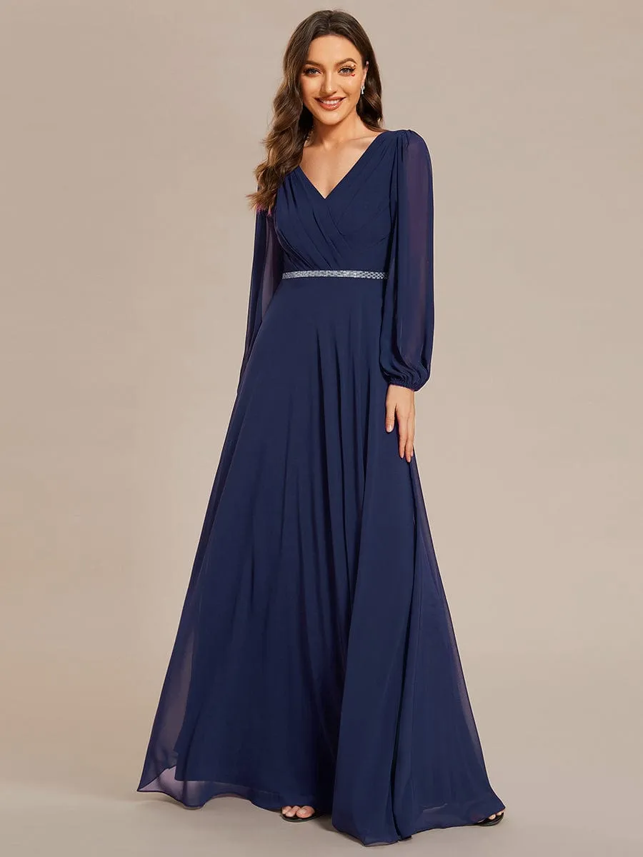 ever ESMÉE|Pleated Double V-Neck Long Sleeves Shiny Belt Chiffon Evening Dress sold by Ever Pretty product image thumbnail 5