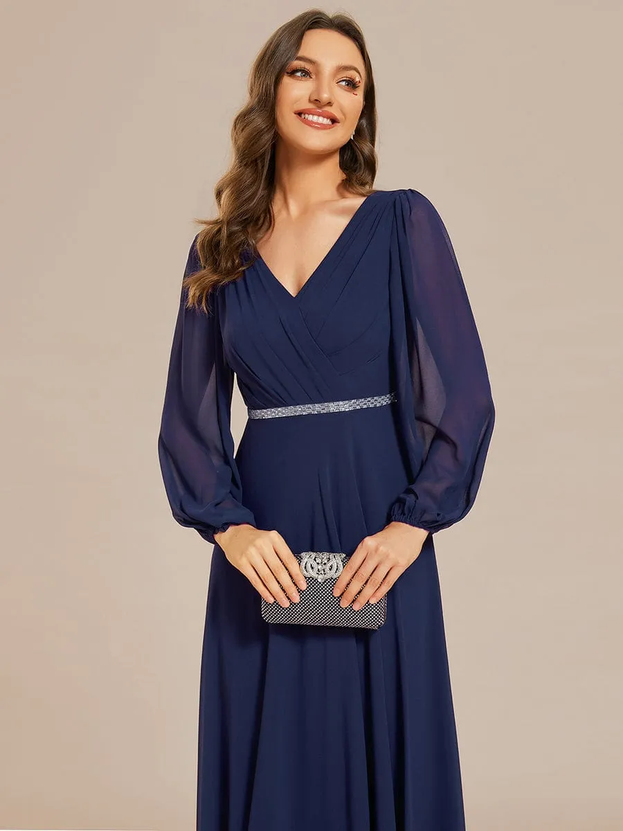 ever ESMÉE|Pleated Double V-Neck Long Sleeves Shiny Belt Chiffon Evening Dress sold by Ever Pretty product image thumbnail 3