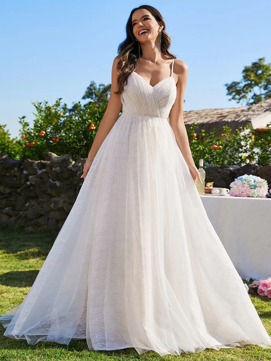 Custom Size Spaghetti Strap Waist Pearl Sweetheart Collar Tulle Wedding Dress with Lace sold by Ever Pretty product image thumbnail 4
