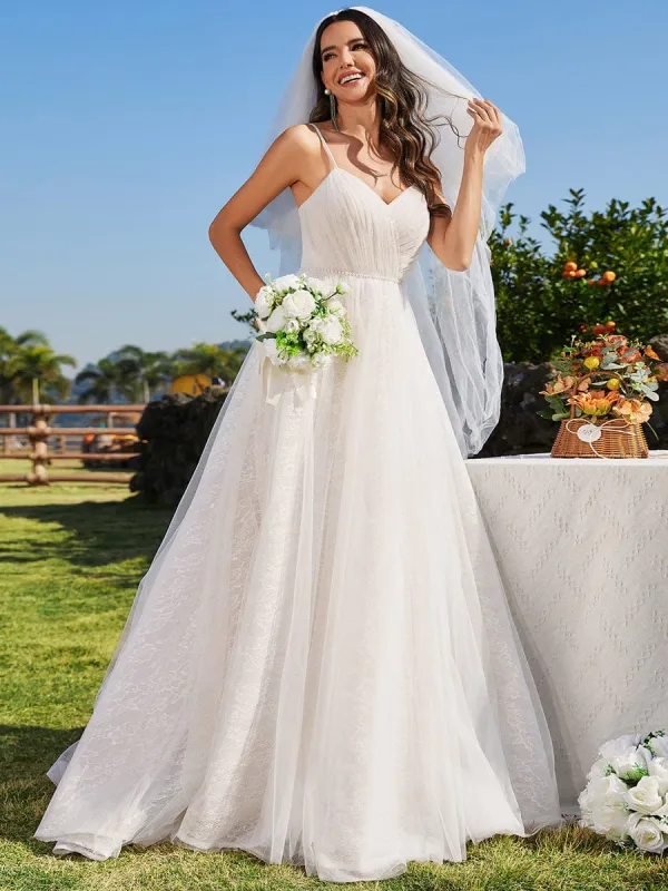 Custom Size Spaghetti Strap Waist Pearl Sweetheart Collar Tulle Wedding Dress with Lace sold by Ever Pretty