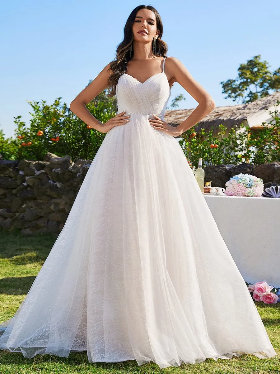 Custom Size Spaghetti Strap Waist Pearl Sweetheart Collar Tulle Wedding Dress with Lace sold by Ever Pretty product image thumbnail 3