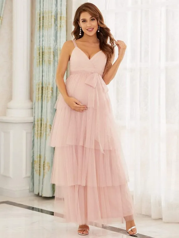Tie Waist V-Neck Tiered Floor-length Maternity Dress made by Ever Pretty